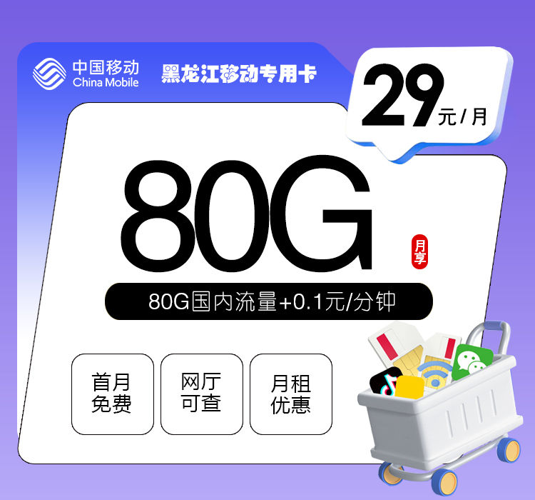 172号卡官网发布：黑龙江移动专用卡【29元80G流量】